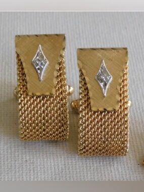 Vintage Anson Gold Tone Mesh Cufflinks Diamond Accent Wrap Style Mid century